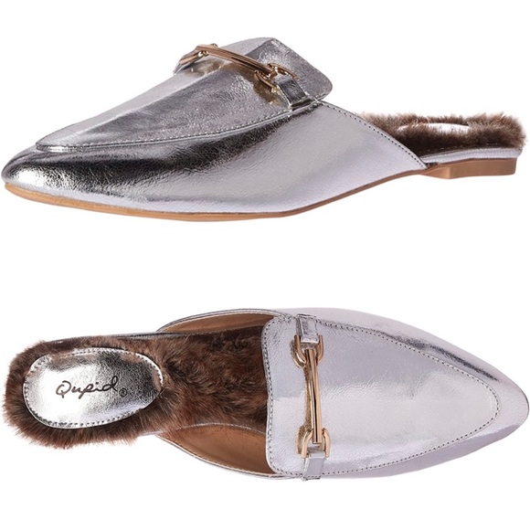 NEW Qupid Fur Silver Metallic Pointed Mules Loafers Flats - Picture 2 of 11